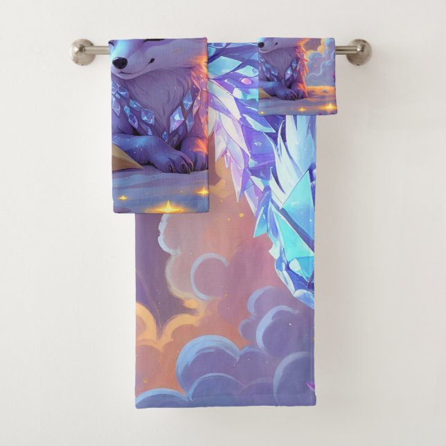 A small Star Whisper Moonlit Fox sleeping peaceful Bath Towel Set (Insitu)