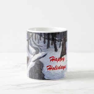 A small stream flows through snow and winter trees coffee mug