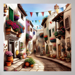 A small tourist town small streets shops flowers 1 poster
