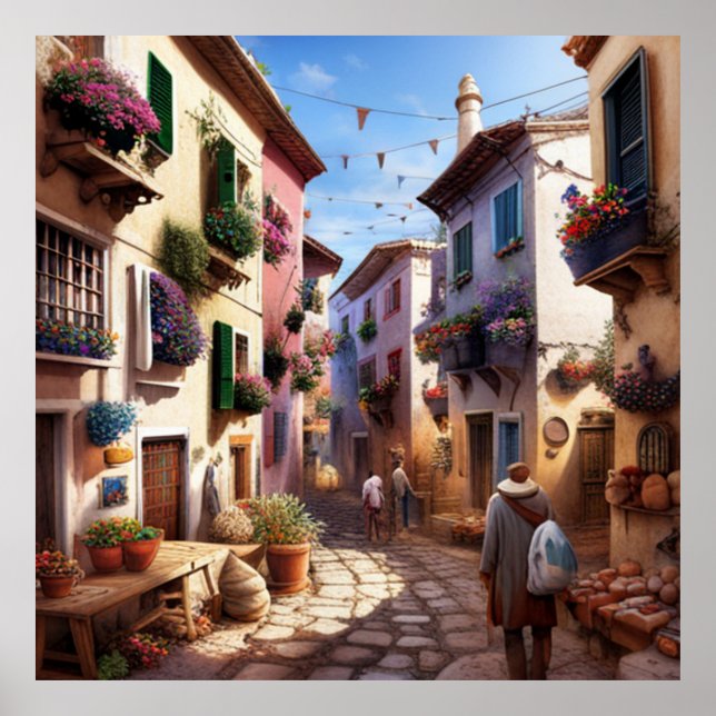 A small tourist town small streets shops flowers 3 poster (Front)