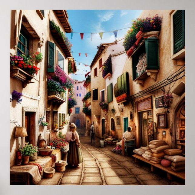 A small tourist town small streets shops flowers poster (Front)