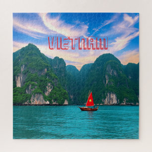 A small Vietnames boat with a red sail Jigsaw Puzzle