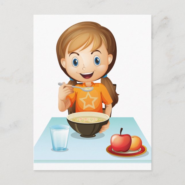 A smiling girl eating her breakfast postcard (Front)