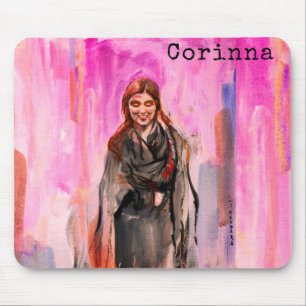 A Smiling Girl in Black, pink background Mouse Mat