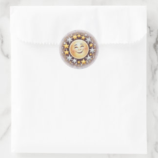 A smiling moon surrounded by stars classic round sticker