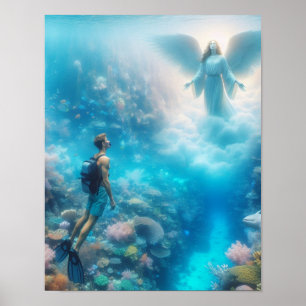 A snorkeler amazed at seeing an angel in a reef poster