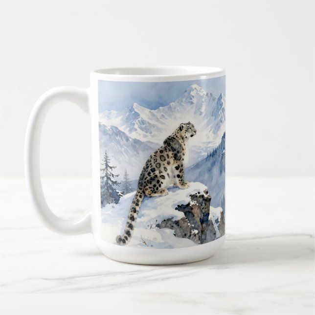 A Snow Leopard on Snowy Peak Coffee Mug (Left)
