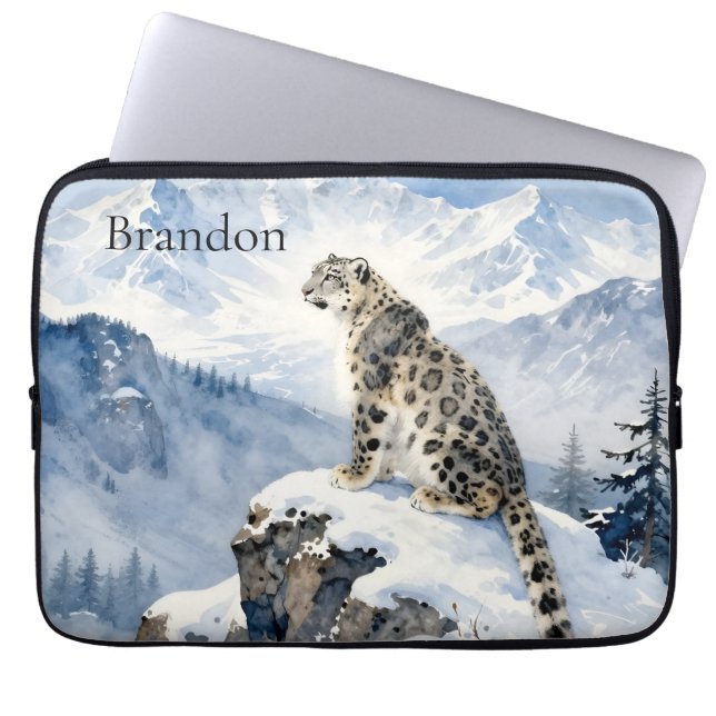 A Snow Leopard on Snowy Peak Personalized Laptop Sleeve (Front)