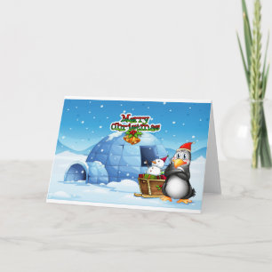 A snowman and a penguin in front of the igloo holiday card