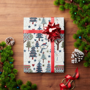 A Snowman And Christmas Trees In A Blue Pattern Wrapping Paper