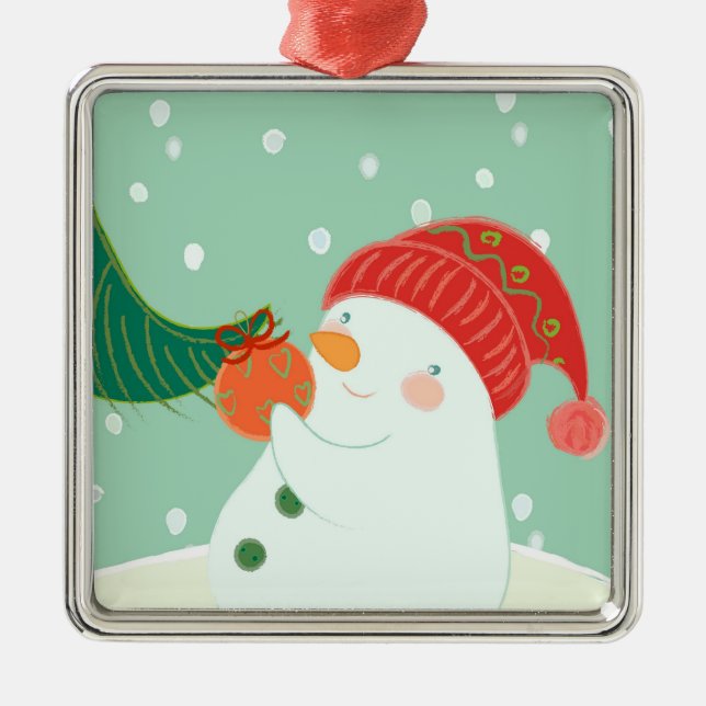 A snowman hanging an ornament on a tree (Front)