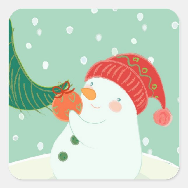A snowman hanging an ornament on a tree square sticker (Front)