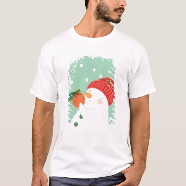 A snowman hanging an ornament on a tree T-Shirt (Front)