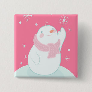 A snowman reaching for a falling snowflake 15 cm square badge