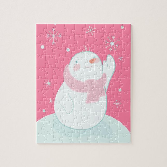 A snowman reaching for a falling snowflake jigsaw puzzle (Vertical)