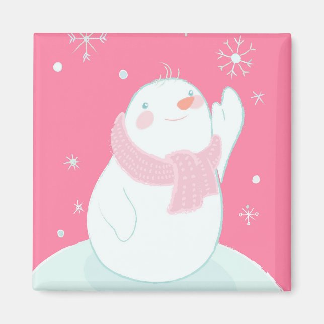 A snowman reaching for a falling snowflake magnet (Front)