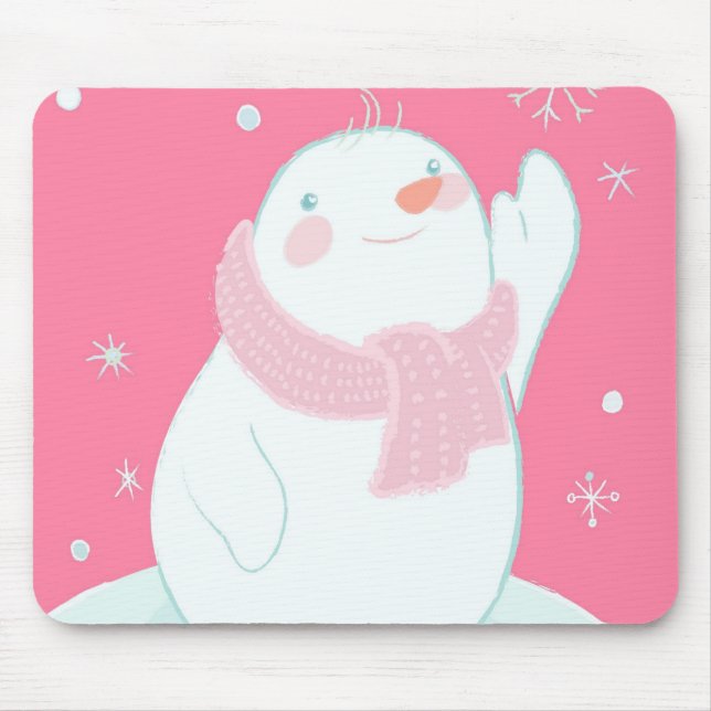 A snowman reaching for a falling snowflake mouse mat (Front)