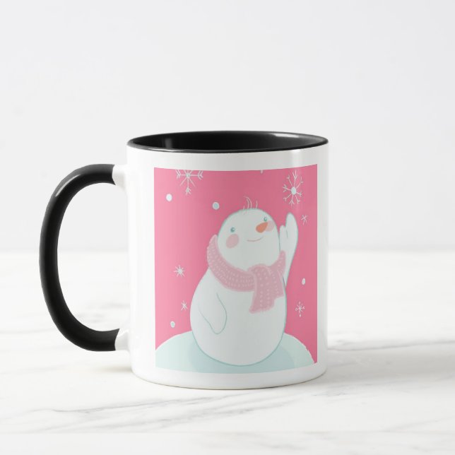 A snowman reaching for a falling snowflake mug (Left)