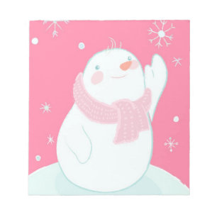 A snowman reaching for a falling snowflake notepad