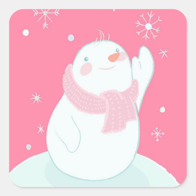 A snowman reaching for a falling snowflake square sticker (Front)