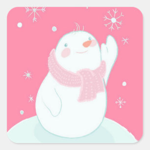 A snowman reaching for a falling snowflake square sticker