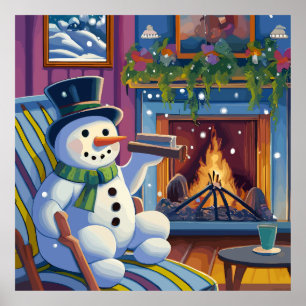 A snowman sits on a chair by  fireplace chrismas poster