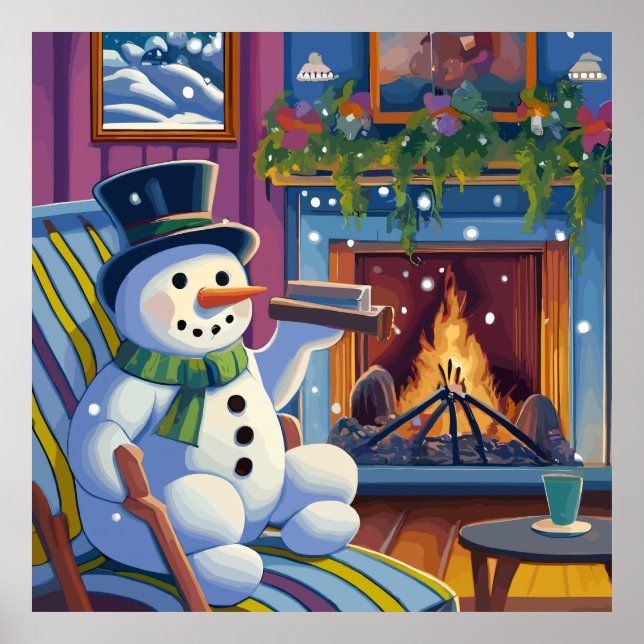 A snowman sits on a chair by  fireplace chrismas poster (Front)