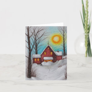 A snowy house at sunrise christmas card