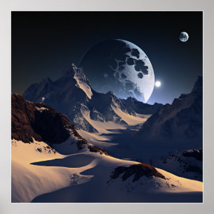 A snowy mountain range under the radiant moonlight poster