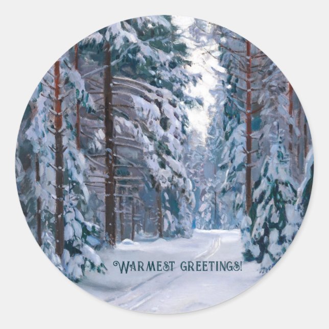A Snowy Path in the Forest  Classic Round Sticker (Front)