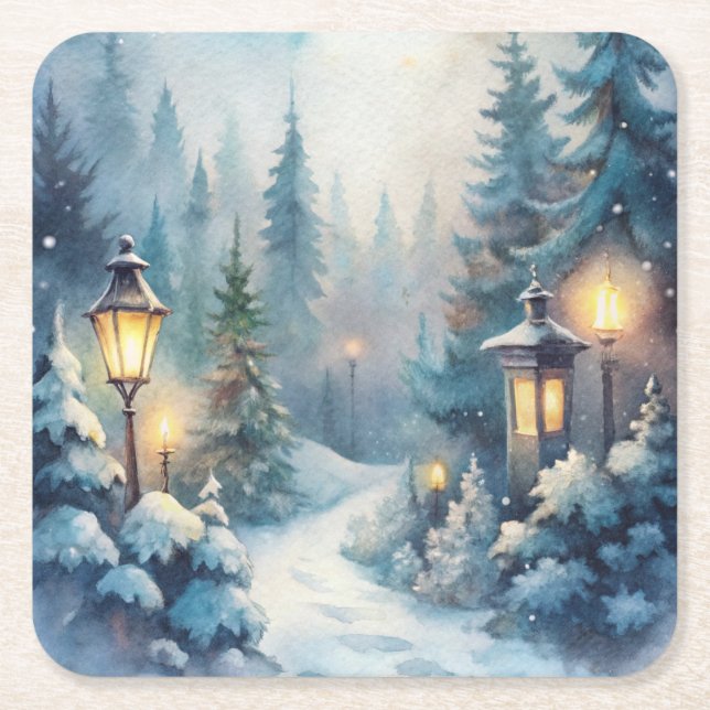 A Snowy Winter Scene Square Paper Coaster (Front)