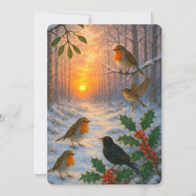 A Snowy Winter Woodland Sunset Christmas Holiday Card (Front)