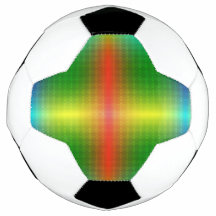 A soccer ball features a colorful geometric