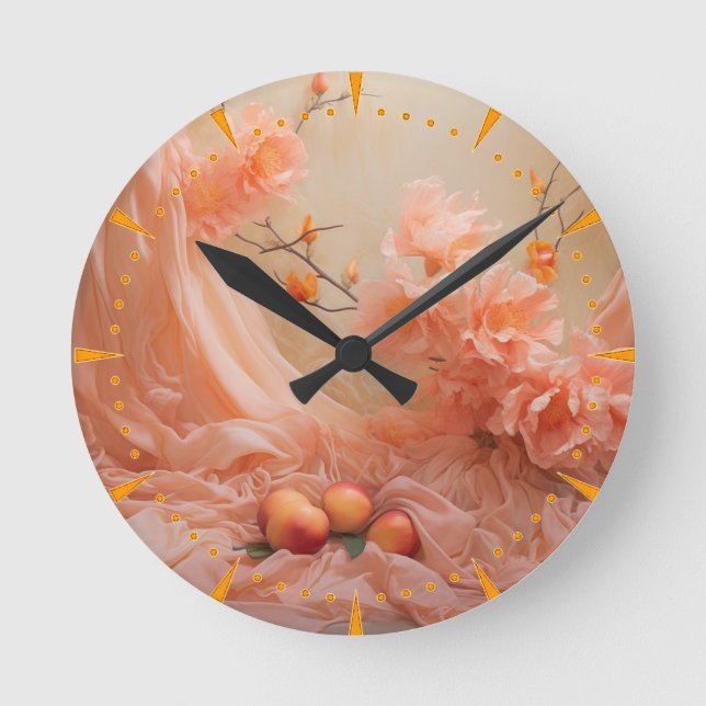 A soft 2024 colour of Peach Fuzz Flowers Round Clock (Front)