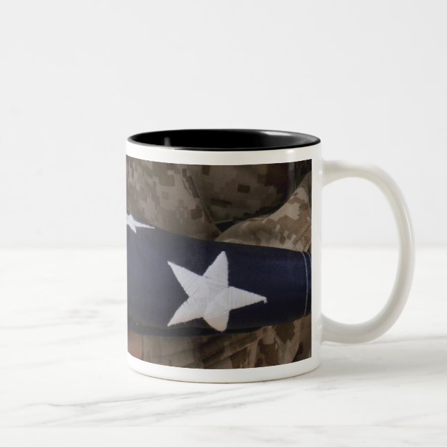 A soldier holds the United States flag Two-Tone Coffee Mug (Right)