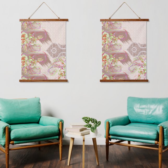 A sophisticated floral arrangement with ornate det hanging tapestry (Living Room)