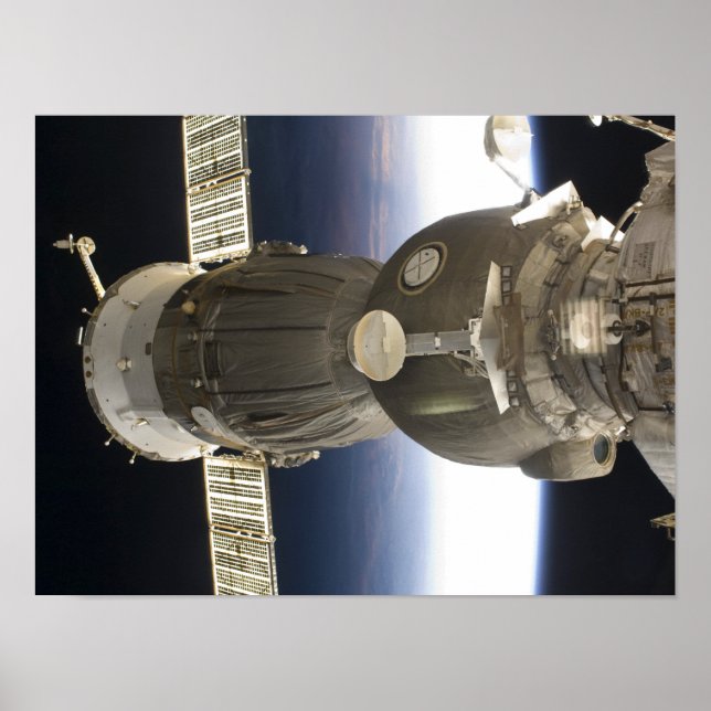 A Soyuz spacecraft backdropped by Earth Poster (Front)