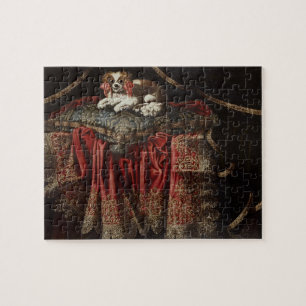 A spaniel seated on an embroidered cushion jigsaw puzzle