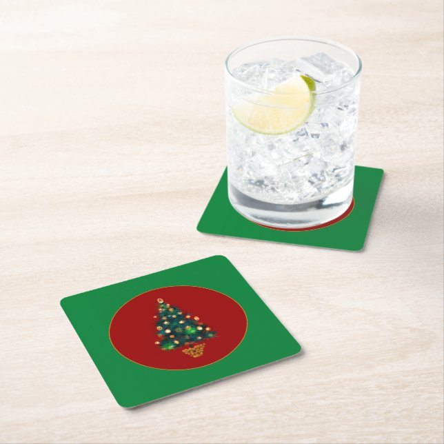 A Sparkly Christmas Tree on a Green Background Square Paper Coaster (Insitu)