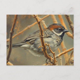 A sparrow, resting, sits on a bush branch postcard