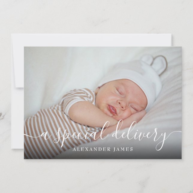 A Special Delivery Script Baby Boy Photo Birth Announcement (Front)