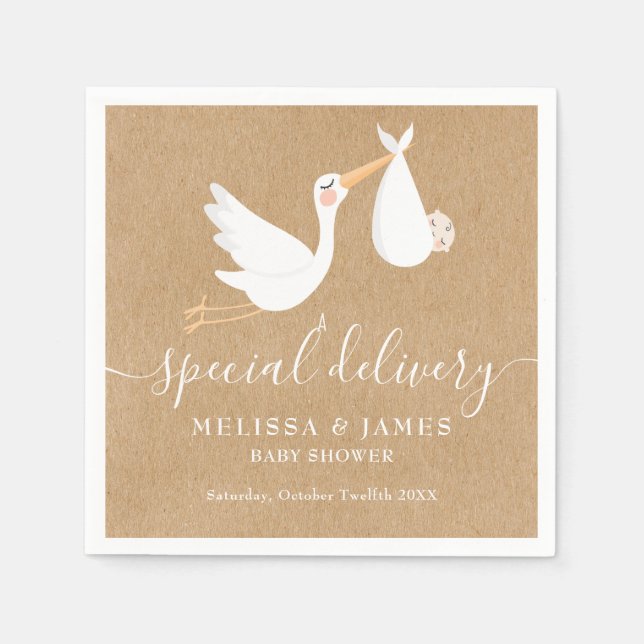 A Special Delivery Stork Couples Baby Shower Napkin (Front)