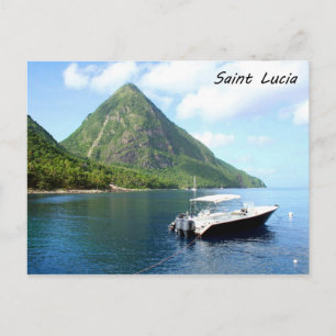 A speedboat in front of the Pitons in Saint Lucia Postcard
