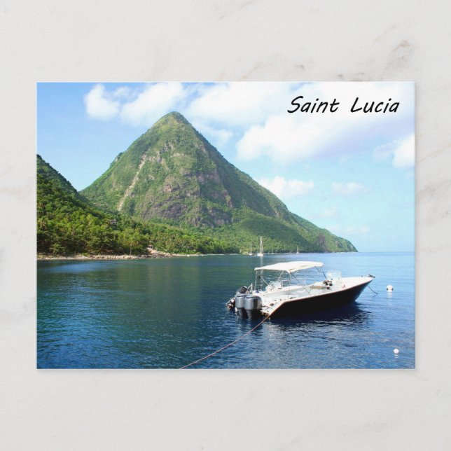 A speedboat in front of the Pitons in Saint Lucia Postcard (Front)