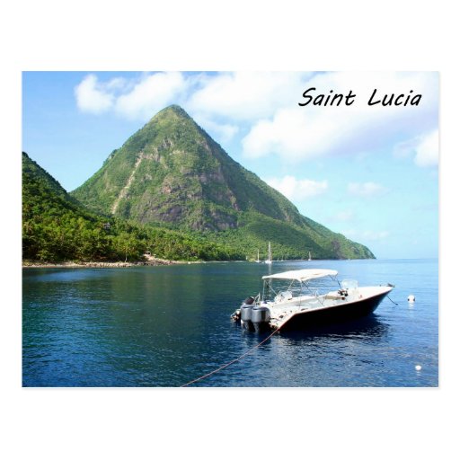Image of A speedboat in front of the Pitons in Saint Lucia Postcard
