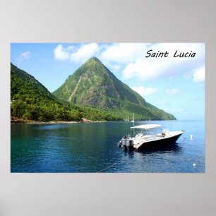 A speedboat in front of the Pitons in Saint Lucia Poster