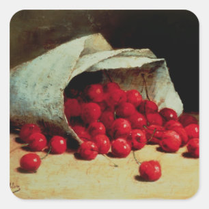 A spilled bag of cherries square sticker