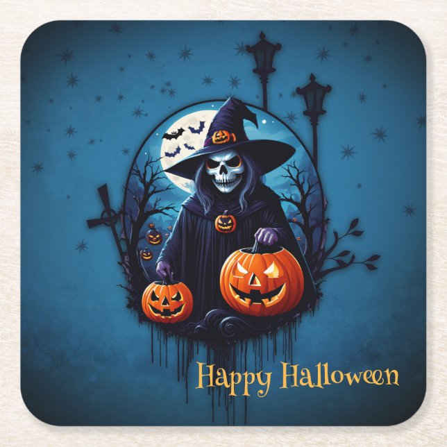 A spooky Halloween scene Square Paper Coaster (Front)