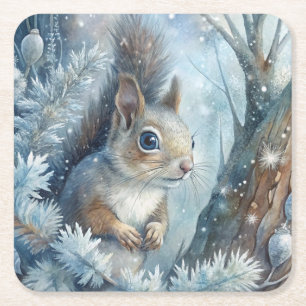 A Squirrel in Winter Square Paper Coaster