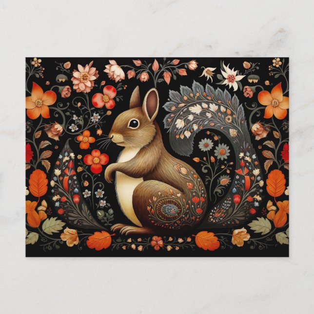 a Squirrel surrounded by flowers in dark colors Postcard (Front)